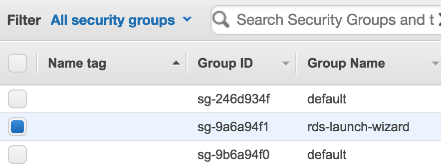 RDS Security Group Security Group Selected